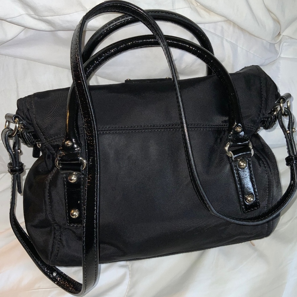 KATE SPADE Leslie Fold Over Nylon & Patent Leather Satchel Shoulder Bag Black